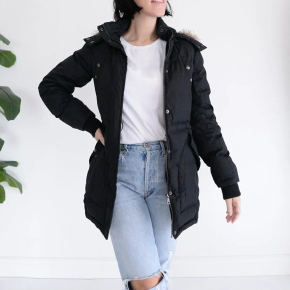 Sam Edelman Black Parka with Faux Fur Trim Hood Size Small - Picture 1 of 15